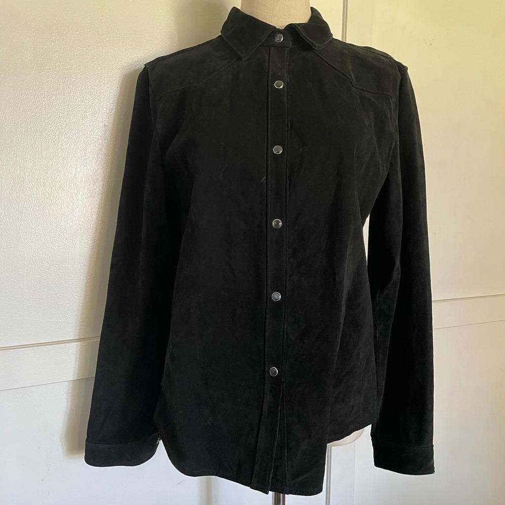 Vintage Nordstrom Suede Leather Western Shirt Jacket Black Shacket Snap Front M